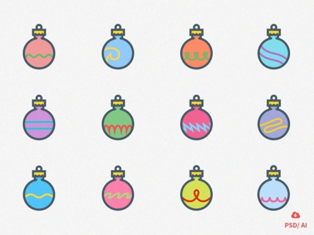 Free Set of 12 Christmas Ornaments（カラーアイコン）
